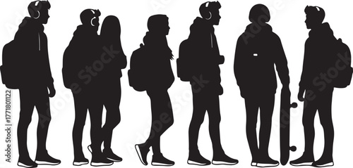 Silhouette of Young People Friends Standing with Backpacks and Headphones - Modern Lifestyle and Urban Mobility, Trendy Youth Group