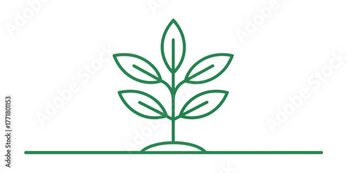 Vector illustration of a green plant with leaves growing from a small mound on a horizontal line art