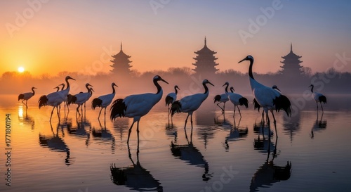 Japanese Red Crowned Cranes in Water at Sunrise Scenery