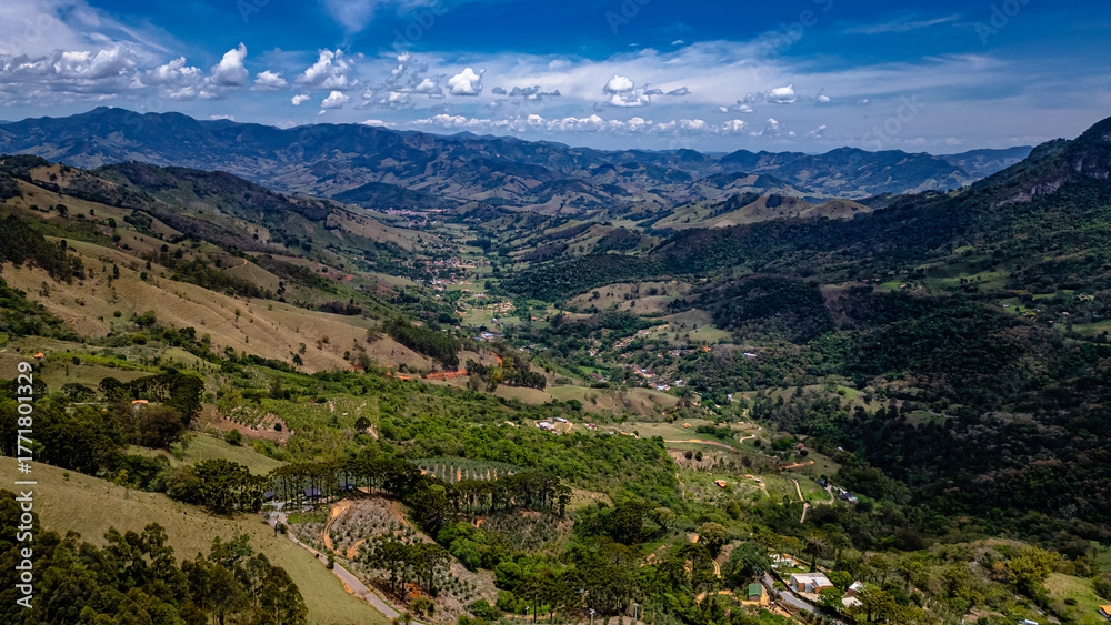 Fototapeta premium Mountain Countryside Rural Houses Baú Rock São Bento Sapucaí São Paulo Brazil South America Climbing Points Travel Tourism Adventure Landscape Nature Valley Hilltop Scenic Destination Horizon Outdoors
