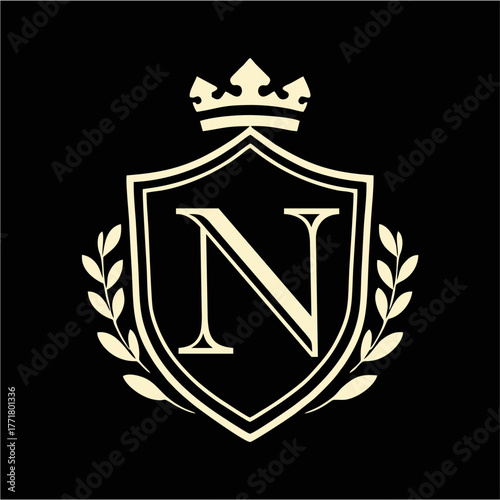 Royal Shield Emblem with Crown and Laurel Wreath in Elegant Minimal Vector Style for Luxury Branding, Heraldic Logo, and Classic Design Concepts