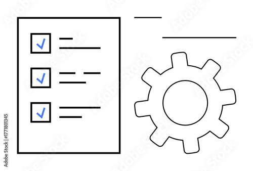 Checklist with blue checkmarks paired with a gear symbolizing task management, efficiency, and process automation. Ideal for productivity, planning, teamwork, organization, efficiency, workflow