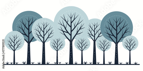 Vector illustration of a winter forest with leafless trees and circular crowns in shades of blue and grey color palette