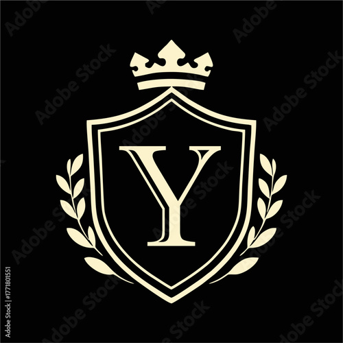 Royal Shield Emblem with Crown and Laurel Wreath in Elegant Minimal Vector Style for Luxury Branding, Heraldic Logo, and Classic Design Concepts