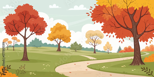 Vector illustration of a scenic autumn park landscape with colorful trees and a winding pathway on a bright day