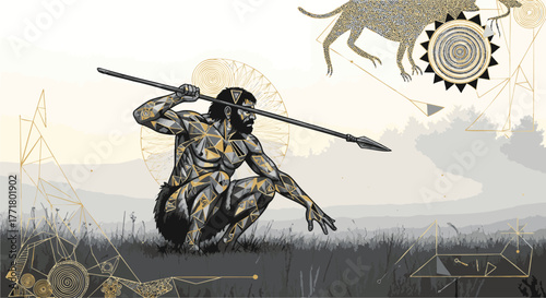 Ancient Hunter A Dynamic Illustration of a Spear-Wielding Figure in a Prehistoric Setting with Geometric Accents