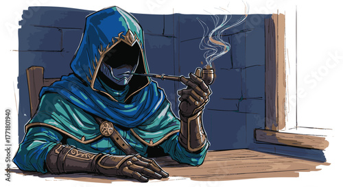 Mysterious cloaked figure with a pipe in a dimly lit room, illustration