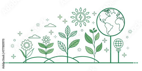 Vector illustration of growing plants from gear to flower to sun to earth with lightbulb icon concept