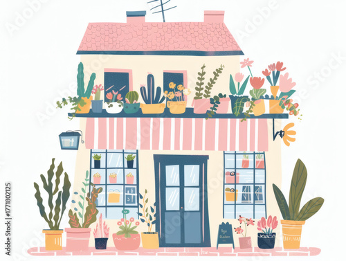 Colorful cute flower store building illustration, AI generated