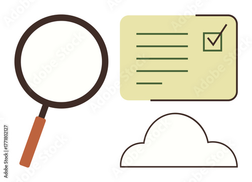 Magnifying glass examining checklist with marked item, next to cloud outline. Ideal for research, planning, data storage, productivity, analysis, decision-making and organization. Simple flat