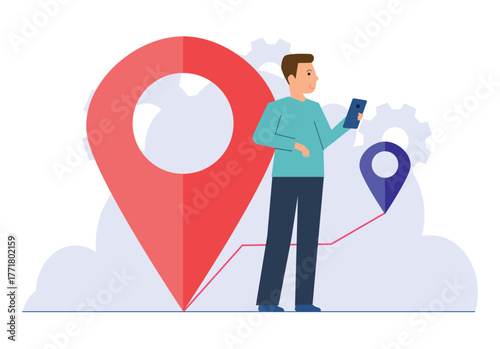Young male character using his phone to navigate with a map app and location pin, showcasing modern travel and technology. Mobile GPS tracking concept