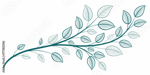 Vector illustration of a curved branch with green leaves in varying shades against a white background space