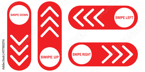 RED Minimal Swipe Direction Icons Set Up Down Left Right Arrows. Mobile App Swipe Direction Buttons Flat Vector Arrows. Up Down Left Right UI Icons Swipe screen icon. Arrow swipe, social media scrolls