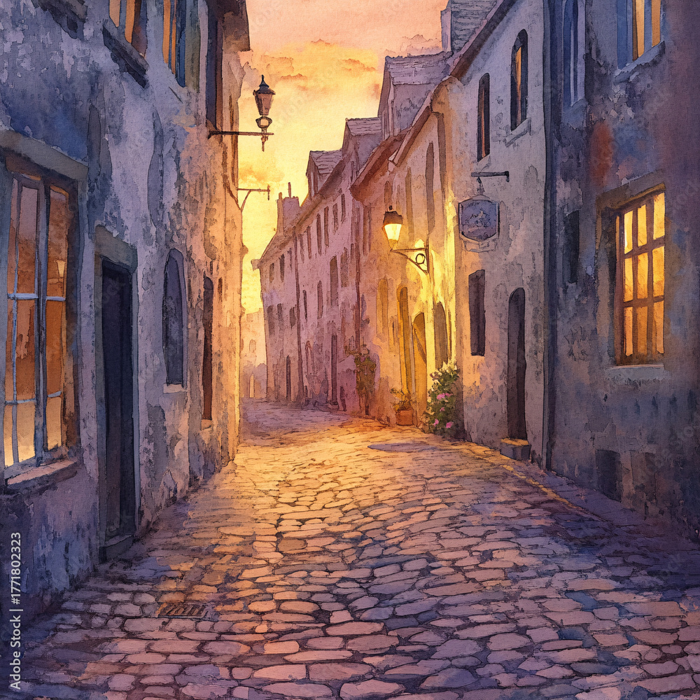 Fototapeta premium Charming old European street with cobblestone road and warm sunset light reflecting on historic buildings 