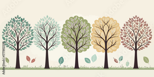 Vector illustration of five trees with different colored leaves representing the changing seasons in autumn