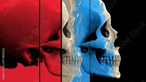 A collection of colorful spooky faces depicted through striking skull illustrations. The artwork showcases vibrant reds, blues, and unique designs, perfect for Halloween decorations or themed art