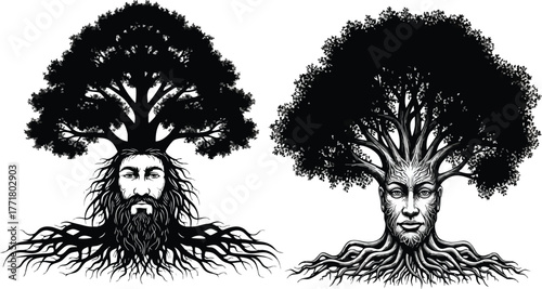 Mystical tree spirits with human faces emerge from roots, symbolizing nature's ancient wisdom.