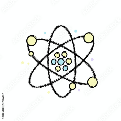 Whimsical atomic structure with colorful orbits and nucleus in sketchy style
