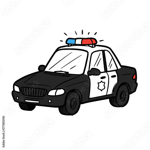 Hand drawn police car with flashing roof lights on white background