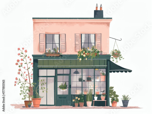Colorful cute flower store building illustration, AI generated