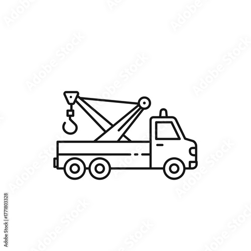 Minimalist tow truck outline with crane on white background