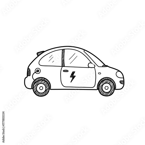 Handdrawn electric car sketch with energy bolt on door for eco transportation themes