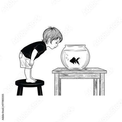 Curious young boy on stool peeking into a fishbowl at a single goldfish on a wooden table