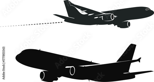Two airplane silhouettes in flight, one ascending and one in the distance