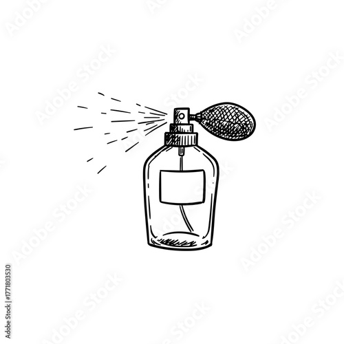 Vintage perfume bottle with pump sprayer in handdrawn style