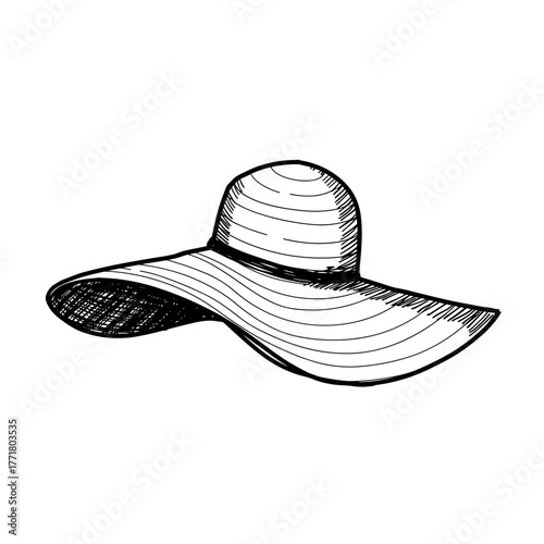 Hand drawn wide brim hat sketch on white background