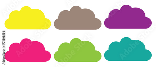 Colorful cloud icon set  flat vector design with six vibrant cloud shapes in yellow, brown, purple, pink, green, and teal for weather app, web, and graphic illustration use.