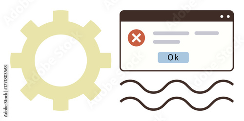 Error confirmation window with red cross, gear symbolizing operations, and wavy lines for disruption. Ideal for technology, system glitch, troubleshooting, error handling, software design, user