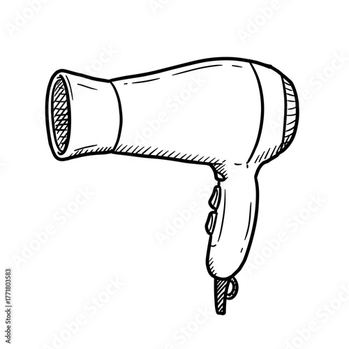 Handdrawn hair dryer sketch with black and white minimalist design