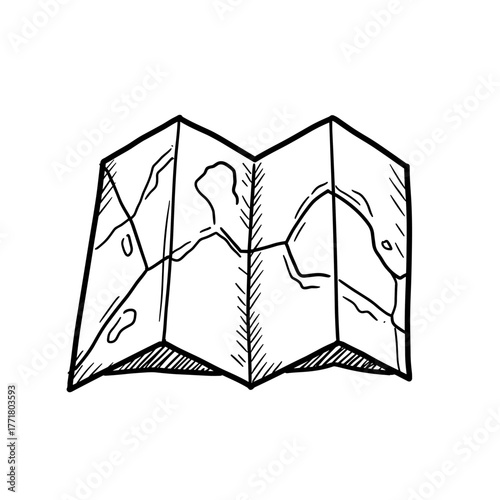 Detailed hand drawn map with folds and geographic lines in monochrome