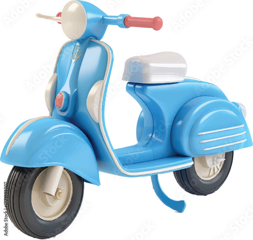 blue scooter toy for children, made of plastic material, set against a white background, in a cartoon style with a simple design and minimal details