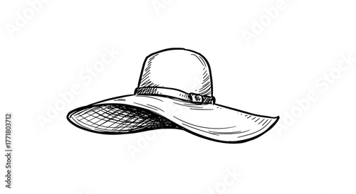 Elegant wide brim hat in hand drawn style with detailed shading