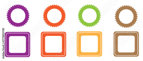 Colorful circle and square badge frame set — abstract geometric border design with purple, orange, green, and brown tones for labels, templates, and graphic design use.