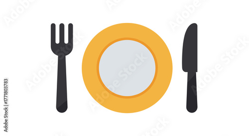 Minimalist dining utensils featuring fork, plate, and knife on white background