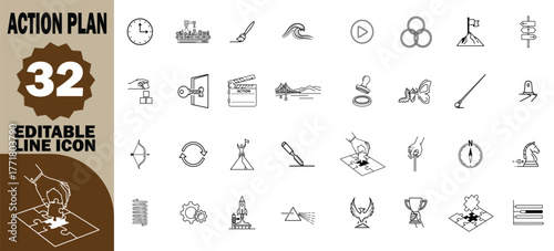 Action plan with 32 editable line icons representing various business and strategy concepts