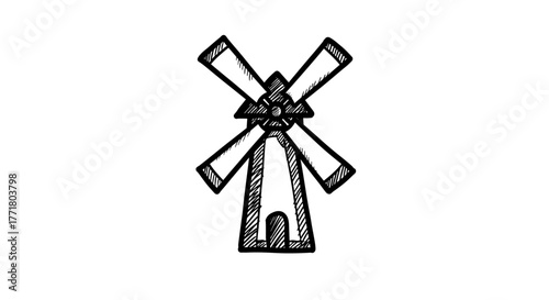 Hand drawn sketch of a classic windmill with rotating blades