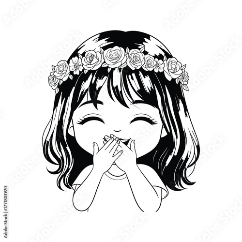 Cute anime girl with flower crown giggling and making a pinky promise gesture with her hands