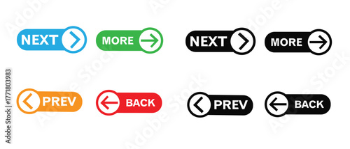 Colorful next and previous button icon set  modern web navigation arrows and text labels for UI design, mobile app interface, website, and digital user experience.