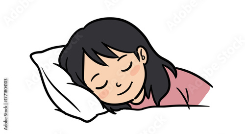 Peaceful sleep cartoon young girl resting on pillow with smile and closed eyes