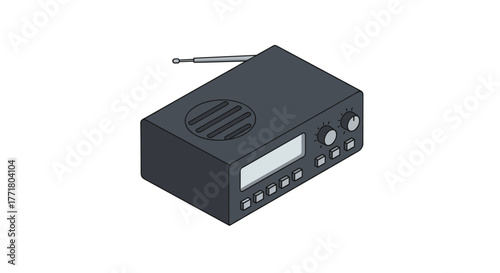 Retro isometric radio with antenna and control knobs