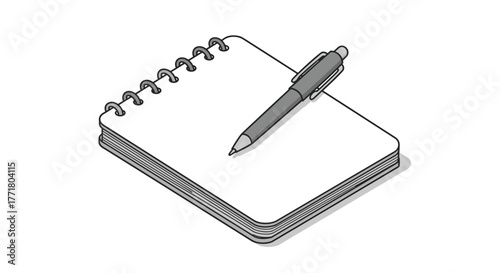 Spiral notebook with pen on white background in isometric style