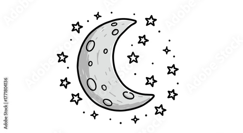 Cartoon moon and stars with doodle elements in black and white
