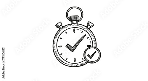 Hand drawn stopwatch with check mark for time management and productivity concepts