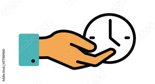 Hand holding clock icon time management concept in colorful flat style