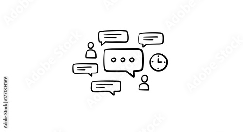 Minimalist communication handdrawn speech bubbles and icons on white background