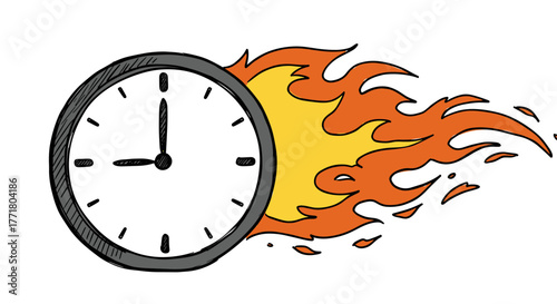 Time on fire handdrawn illustration of burning clock symbolizing speed and urgency